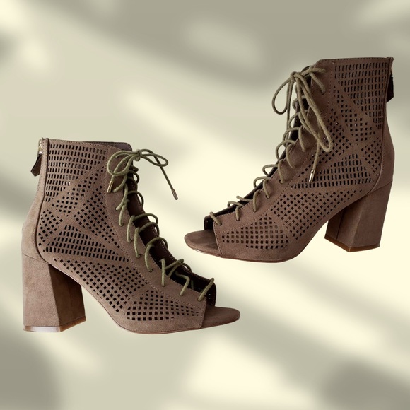 Perforated Taupe Faux Suede Booties - Picture 1 of 5